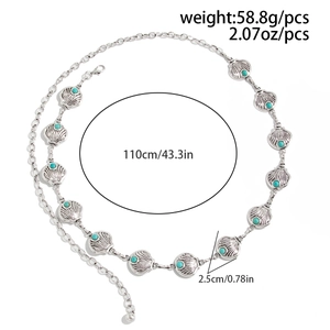 Detail of silver shell waist chain with turquoise beads and adjustable lobster clasp