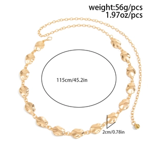 Detailed view of golden irregular hammered round waist chain with dimensions and weight