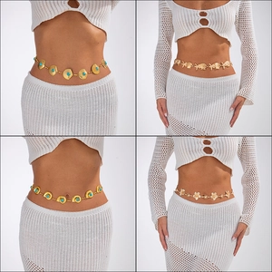 Bohemian Style Alloy Gold Silver Plated Waist Chain With Shell Starfish Flower Pattern Turquoise Artificial Pearl Decor Adjustable Body Chain For Women Beach Jewelry