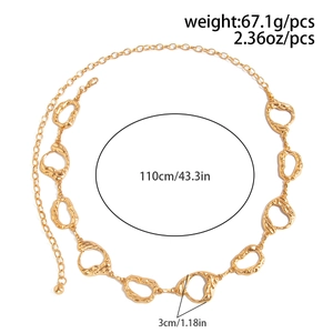 Detailed specs of gold liquid lava metal body chain with 110cm length and 67g weight