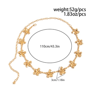 Detail view of gold flower waist chain showing 110cm length and 3cm pendant size