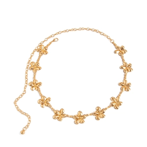 Elegante cintura a catena dorata con fiori traforati e chiusura a moschettone regolabile