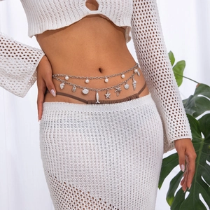 Silver double-layer belly chain with pearls, starfish and seashells for summer beach wear