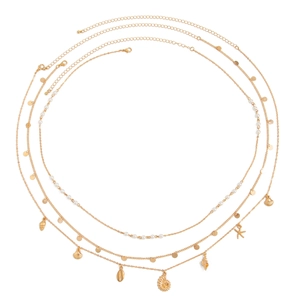 Three-layer gold starfish shell waist chain with pearls and seaside charms