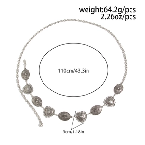 Detail of vintage silver metal waist chain showing 110cm length and 64.2g weight specs