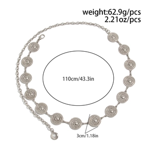 Detailed size map of silver bohemian waist chain with metal flowers and dimensions
