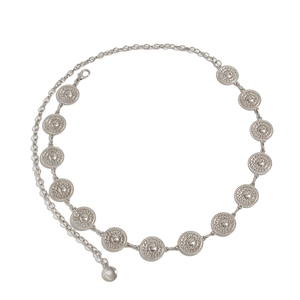 Boho vintage silver waist chain featuring embossed medallion charms and sunburst patterns