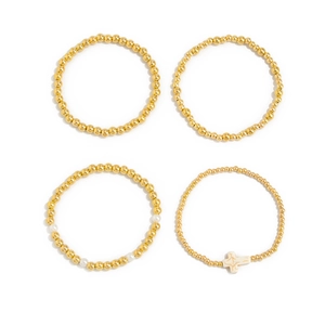 Minimalistisches 4-teiliges Goldperlen-Armbandset mit Kunstperle und Kreuzanhänger