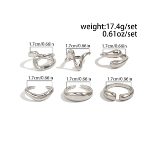 Set of 6 silver irregular molten lava metal rings with S925 engraved inside