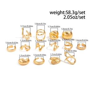 Detailed view of a 14-piece gold geometric ring set with weights and diameter measurements