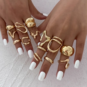 Fashion Alloy Irregular Geometric Ring Set For Women Liquid Metal Style Gold Silver Plated Open Finger Rings Jewelry Gift