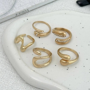 Detailed view of five adjustable gold geometric rings with rhinestones on a ceramic tray