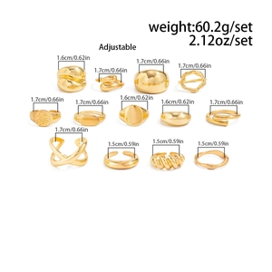 Detailed size guide for 13-piece gold water drop ring set with metric measurements