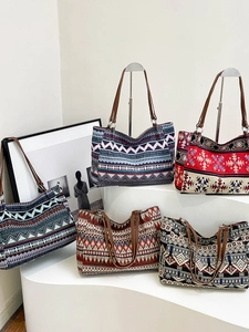 Ethnic bohemian canvas tote bags with geometric patterns and brown leather handles