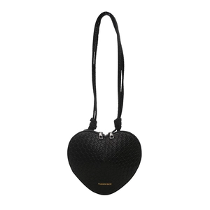 Black heart-shaped woven shoulder bag with dual zipper closure and fashion text detail