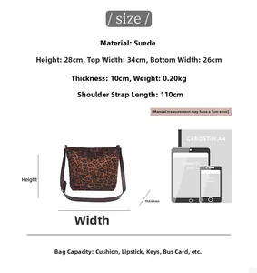 Size chart showing leopard print faux suede tote dimensions with A4 and iPad comparison