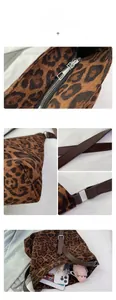 Close-up of leopard print tote featuring silver zipper and brown faux leather strap detail