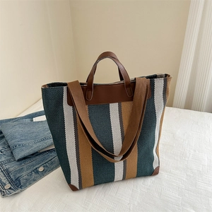 Striped Canvas Tote Bag Large Capacity Urban Minimalist Shoulder Bag For Women Contrast Color Travel Handbag Commuting Bag
