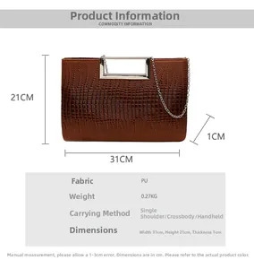 Brown crocodile pattern PU bag showing dimensions 31x21x1cm with chain strap details
