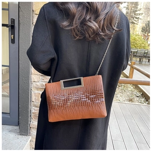 Brown crocodile pattern PU leather bag featuring a silver metal handle and chain strap