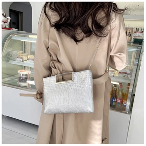 Silver crocodile pattern handbag with unique metal handle and chain strap on a model