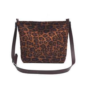 Large leopard print faux suede shoulder bag with adjustable brown strap for women