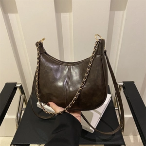 Sac Hobo en Cuir PU Rétro pour Femmes Chaîne Dorée Sous le Bras Épaule Bandoulière Couleur Unie Surpiqûres Mode Fête Quotidien