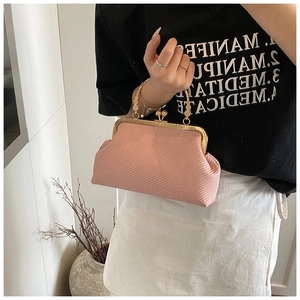 Detailed texture of pink woven shell bag featuring vintage gold metal clasp and handle