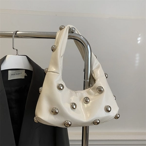 Women Shiny PU Leather Hobo Underarm Bag Silver Ball Rivets Studded Pleated Half Moon Shoulder Bag Trendy Versatile Handbag