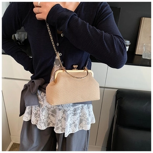 Détail d'un sac tressé beige avec fermoir doré et bandoulière chaîne sur un mannequin