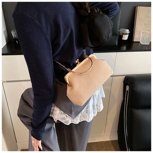Détail du sac coquille tissé beige avec chaîne dorée et fermoir de style vintage