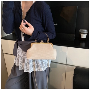 Detail of cream woven clutch bag with gold clasp and elegant metal chain strap