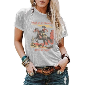 Close-up of gray cotton T-shirt featuring vintage western graphic print and typography