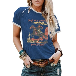 Detail of western vintage graphic tee showing contrast white neck trim and desert print