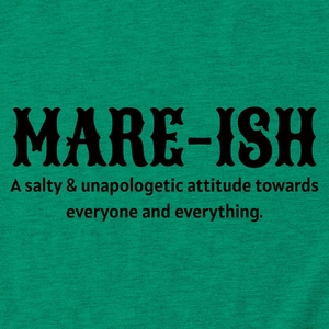 Close-up of MARE-ISH typography print on green cotton knit fabric t-shirt detail