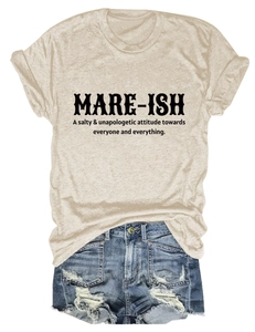 Detail of casual oatmeal t-shirt with black mare-ish typography and denim shorts