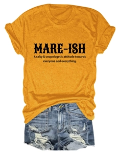 Detail of MARE-ISH slogan print on ginger t-shirt paired with denim shorts