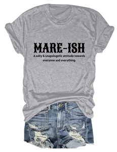 Flat lay of gray crew neck t-shirt with MARE-ISH print and ripped denim shorts set
