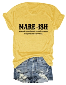 Detailed flat lay of a yellow cotton T-shirt featuring MARE-ISH print and denim shorts