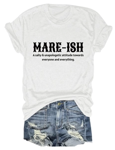 Flat lay of white crewneck T-shirt with black slogan print and frayed denim shorts