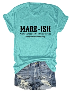 Flat lay of lake blue crew neck t-shirt with MARE-ISH print and denim shorts