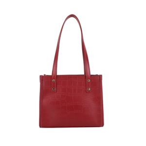 Retro red crocodile embossed leather tote bag with gold rivets and long shoulder straps