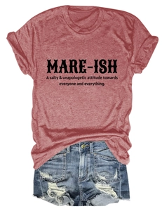 Detail of Heather Red crew neck t-shirt with MARE-ISH print and ripped denim shorts