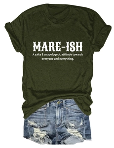 Detail of olive green crew neck T-shirt with MARE-ISH text and ripped denim shorts