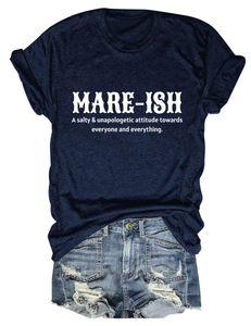 Flat lay of navy blue T-shirt with MARE-ISH print and distressed denim shorts