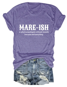 Detail of purple heathered T-shirt with white MARE-ISH text and distressed denim shorts