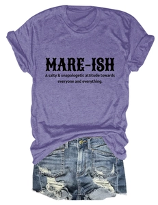 Detail of purple graphic tee with MARE-ISH print and distressed denim shorts on white background