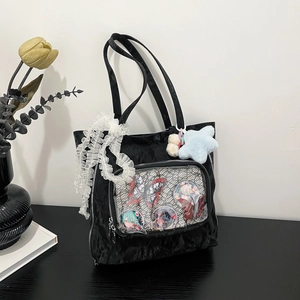 Large capacity black textured tote bag with transparent front pocket and star charm