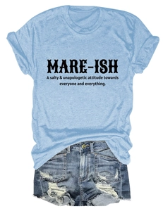 Detail of light blue crew neck t-shirt with mare-ish print and frayed denim shorts