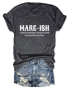 Flat lay of gray MARE-ISH letter print t-shirt and distressed blue denim shorts